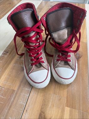 High-Top Canvas Sneakers in Brown with Red Accents